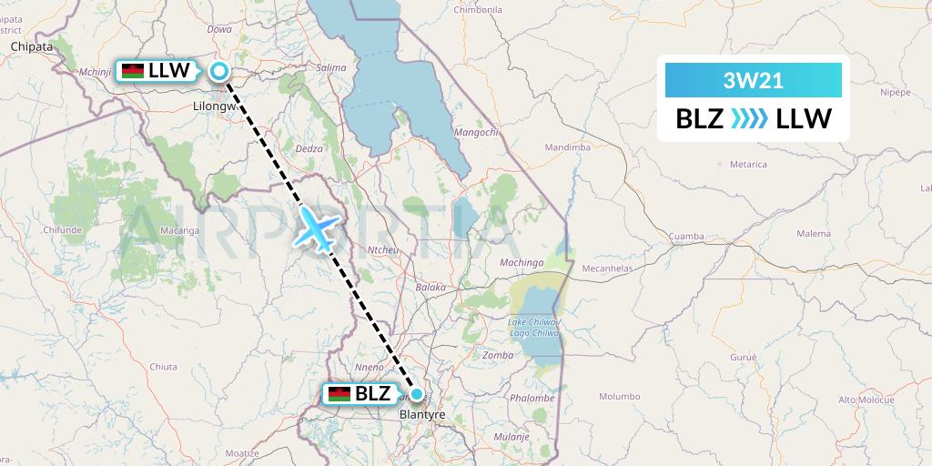 3W21 Malawian Airlines Flight Map: Blantyre to Lilongwe
