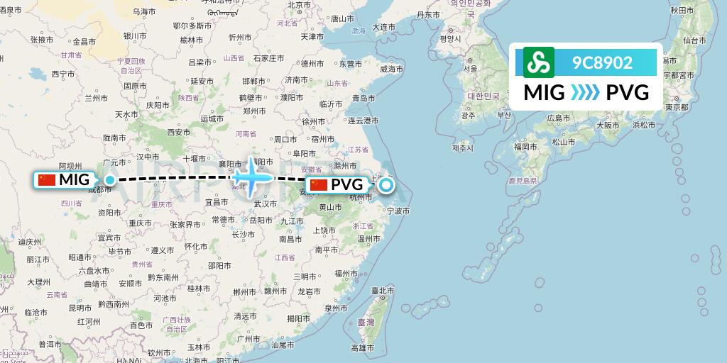 9C8902 Spring Airlines Flight Map: Mianyang to Shanghai