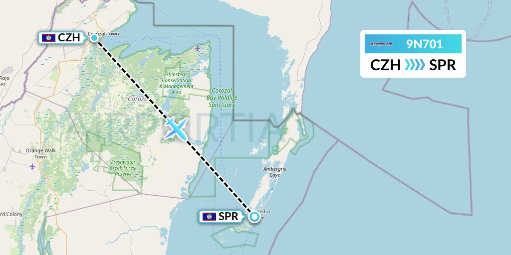 9N701 Tropic Air Flight Map: Corozal to San Pedro
