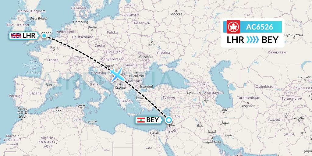 AC6526 Air Canada Flight Map: London to Beirut