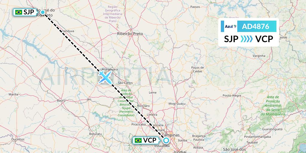 AD4876 Azul Brazilian Airlines Flight Map: Sao Jose Do Rio Preto to Campinas
