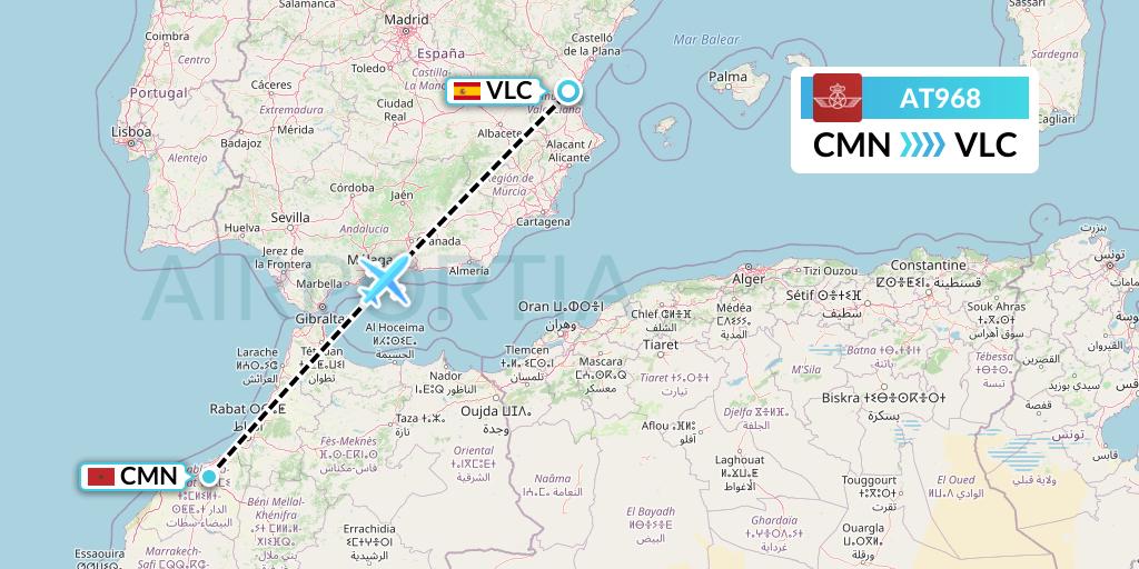 AT968 Royal Air Maroc Flight Map: Casablanca to Valencia