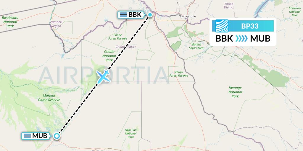 BP33 Air Botswana Flight Map: Kasane to Maun