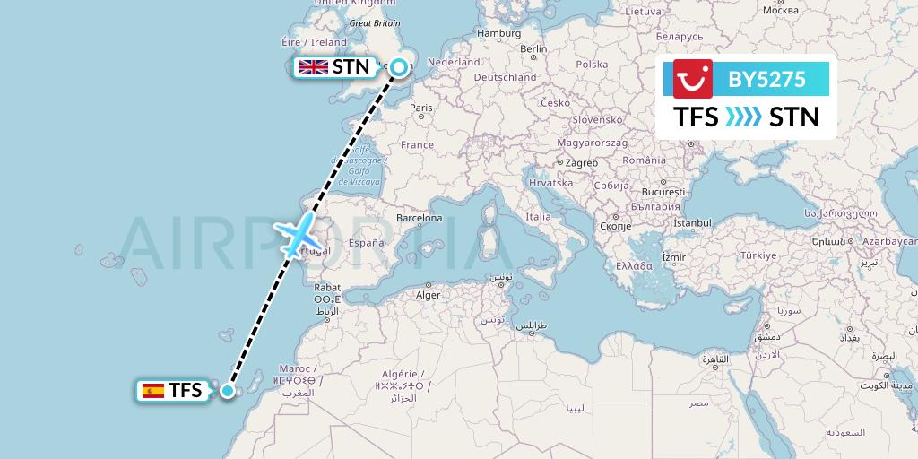 BY5275 TUI Airways Flight Map: Tenerife to London