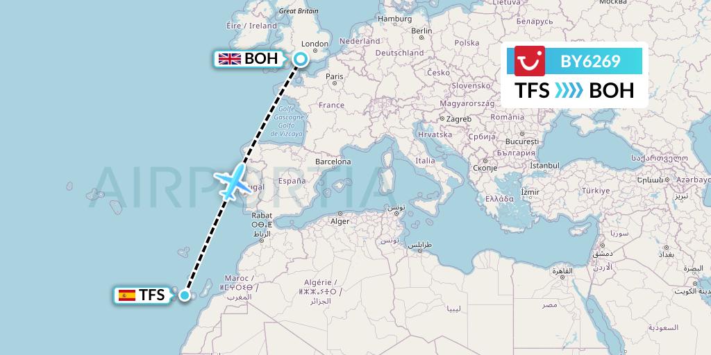 BY6269 TUI Airways Flight Map: Tenerife to Bournemouth