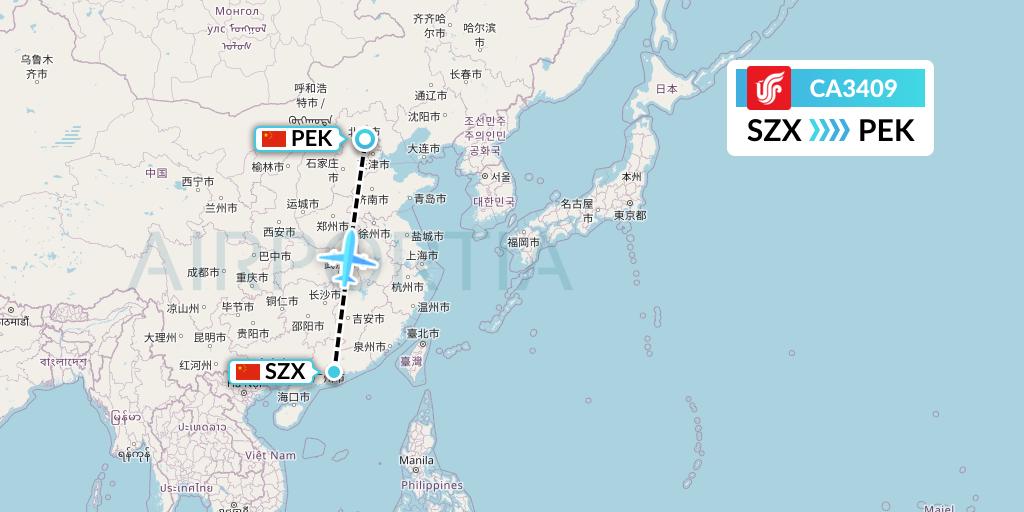 CA3409 Air China Flight Map: Shenzhen to Beijing