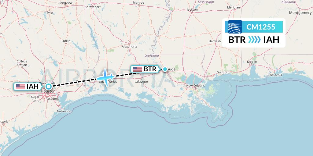 CM1255 Copa Airlines Flight Map: Baton Rouge to Houston