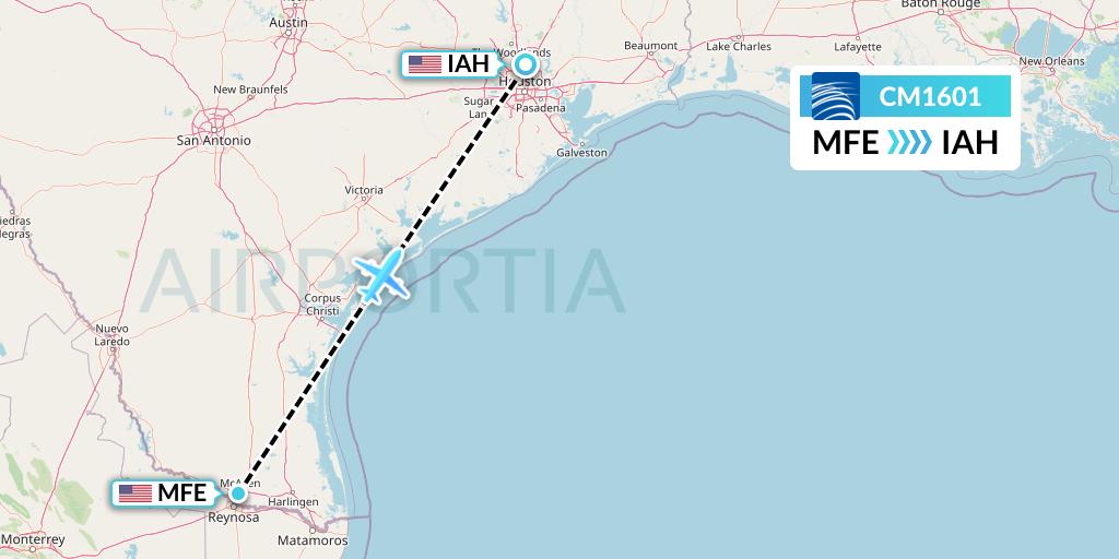 CM1601 Copa Airlines Flight Map: McAllen to Houston