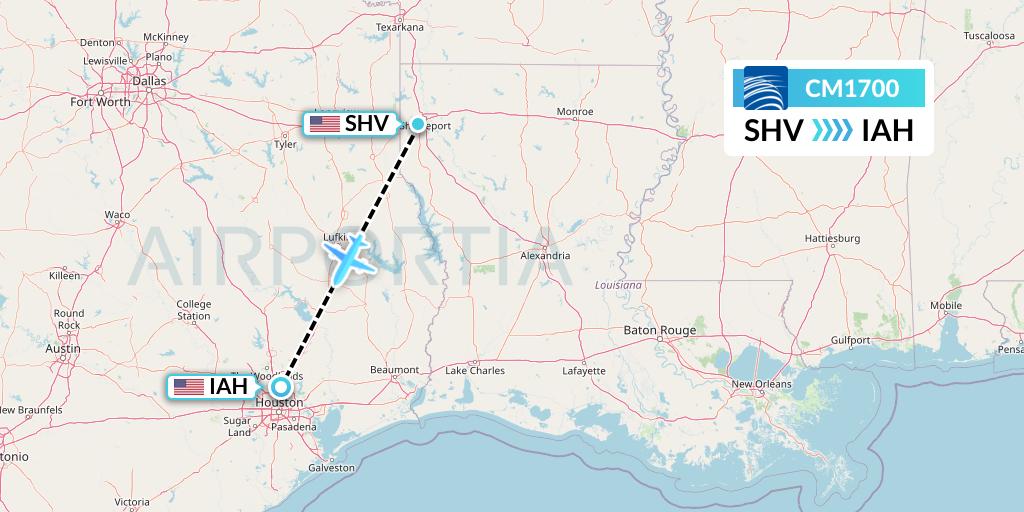 CM1700 Copa Airlines Flight Map: Shreveport to Houston