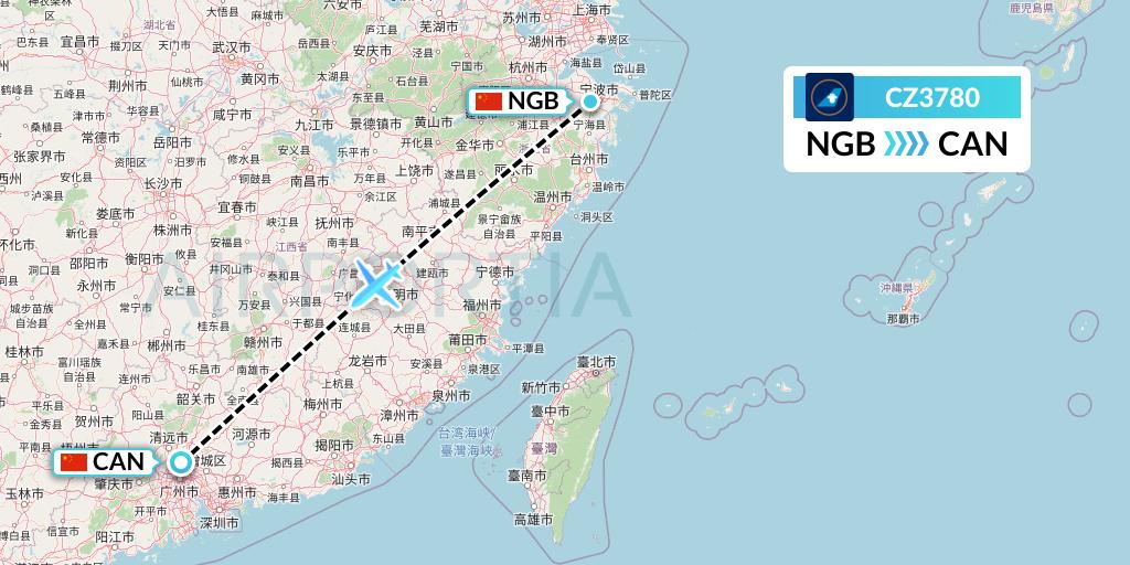 CZ3780 China Southern Airlines Flight Map: Ningbo to Guangzhou