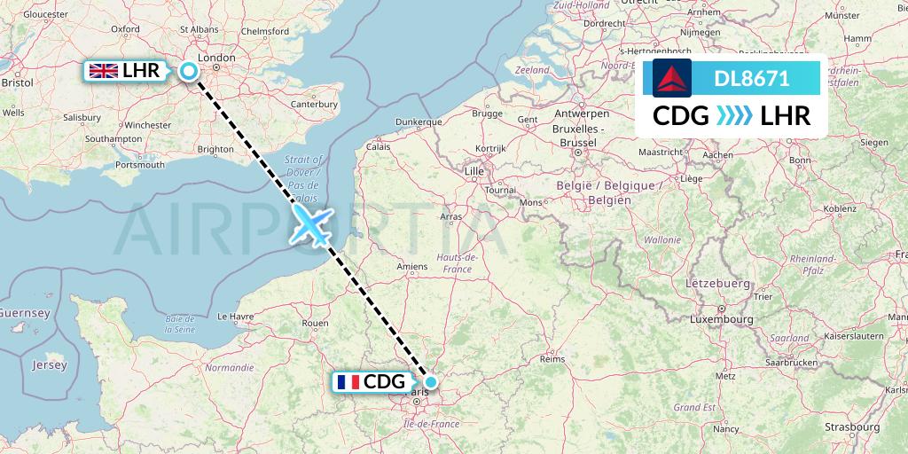 DL8671 Delta Air Lines Flight Map: Paris to London