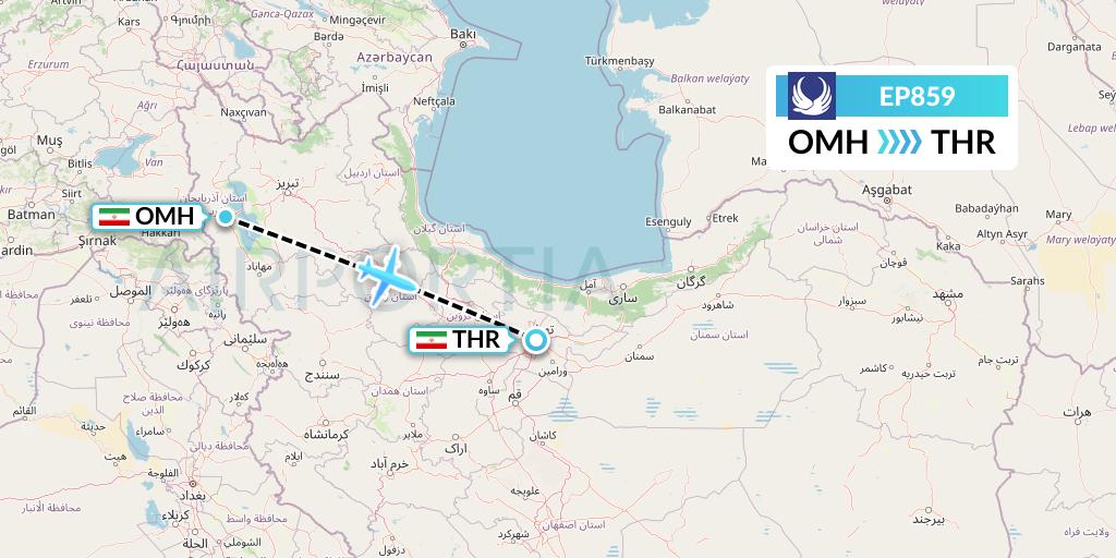 EP859 Iran Aseman Airlines Flight Map: Urmia to Tehran