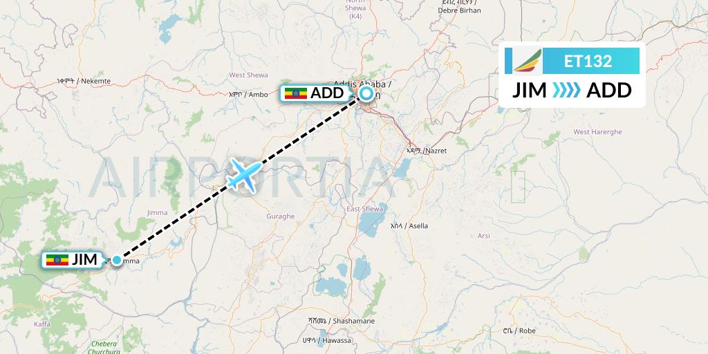 ET132 Ethiopian Airlines Flight Map: Jimma to Addis Ababa