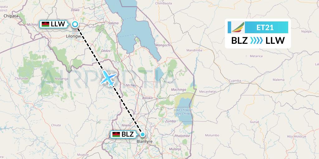 ET21 Ethiopian Airlines Flight Map: Blantyre to Lilongwe