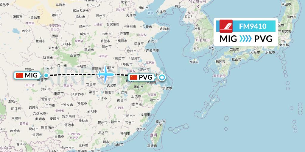 FM9410 Shanghai Airlines Flight Map: Mianyang to Shanghai