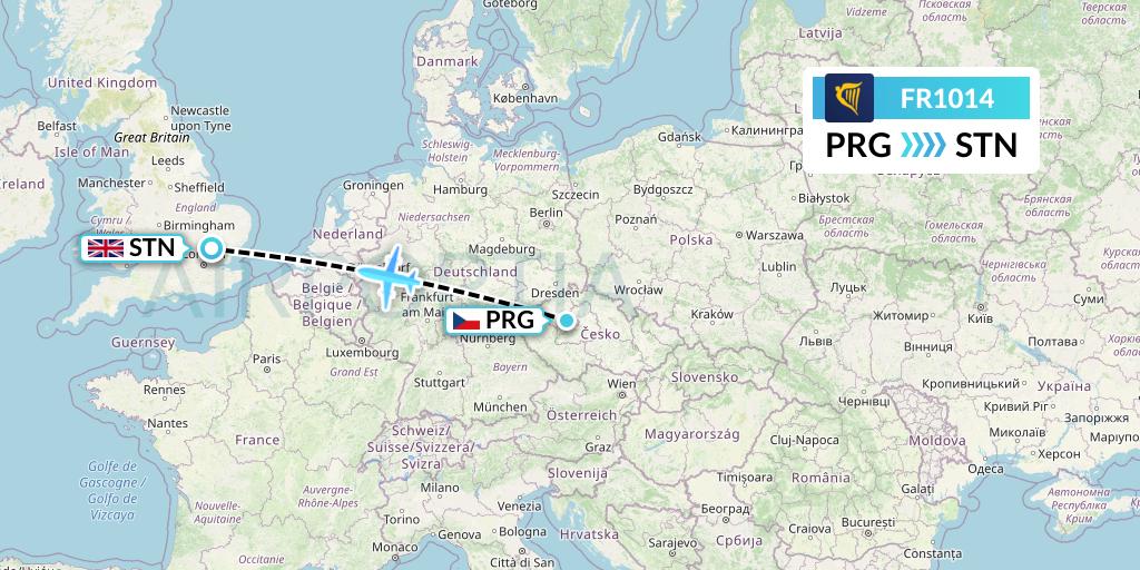 FR1014 Ryanair Flight Map: Prague to London