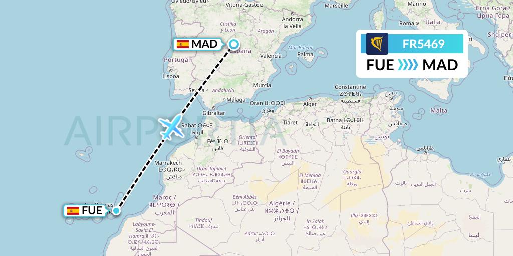 FR5469 Ryanair Flight Map: Fuerteventura to Madrid
