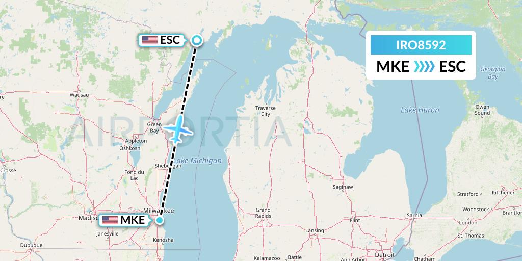 IRO8592 CSA Air Flight Map: Milwaukee to Escanaba