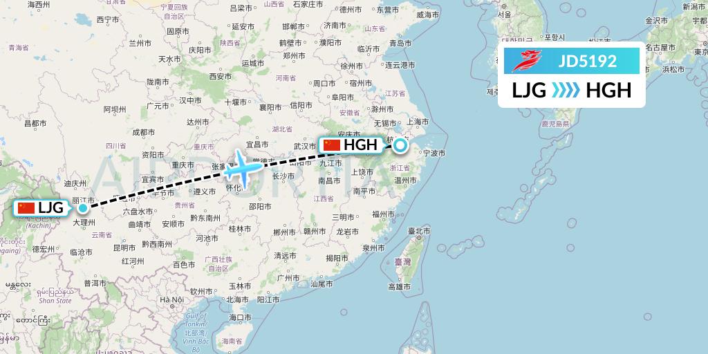 JD5192 Capital Airlines Flight Map: Lijiang to Hangzhou