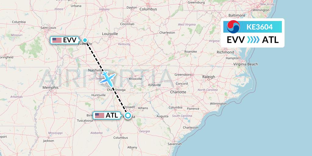 KE3604 Korean Air Flight Map: Evansville to Atlanta