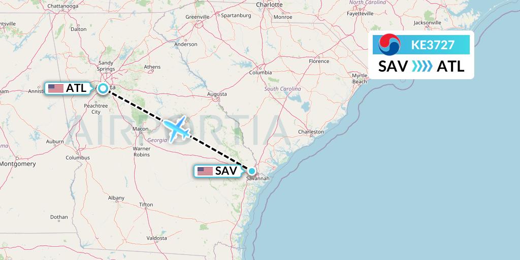 KE3727 Korean Air Flight Map: Savannah to Atlanta