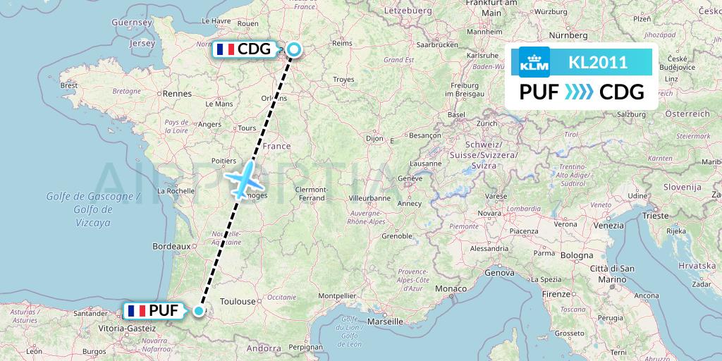 KL2011 KLM Flight Map: Pau to Paris