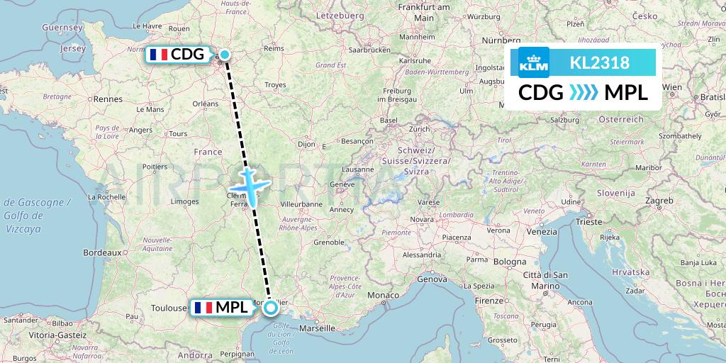 KL2318 KLM Flight Map: Paris to Montpellier