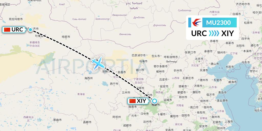MU2300 China Eastern Airlines Flight Map: Urumqi to Xi'an