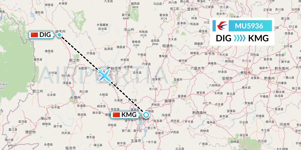 MU5936 China Eastern Airlines Flight Map: Shangri-La to Kunming