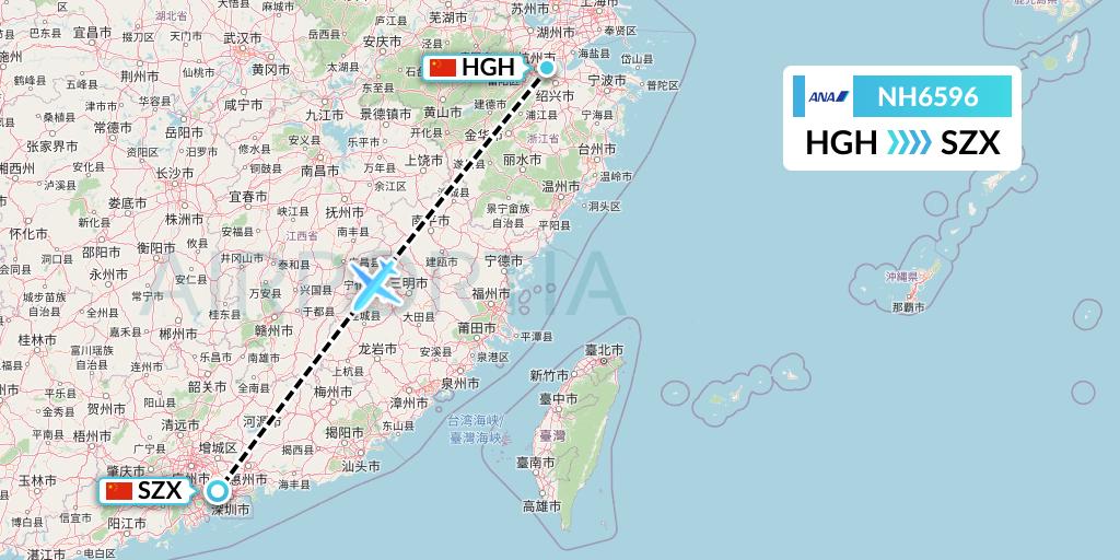 NH6596 All Nippon Airways Flight Map: Hangzhou to Shenzhen