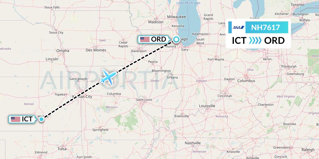 NH7617 All Nippon Airways Flight Map: Wichita to Chicago