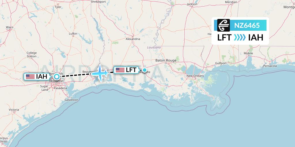NZ6465 Air New Zealand Flight Map: Lafayette to Houston