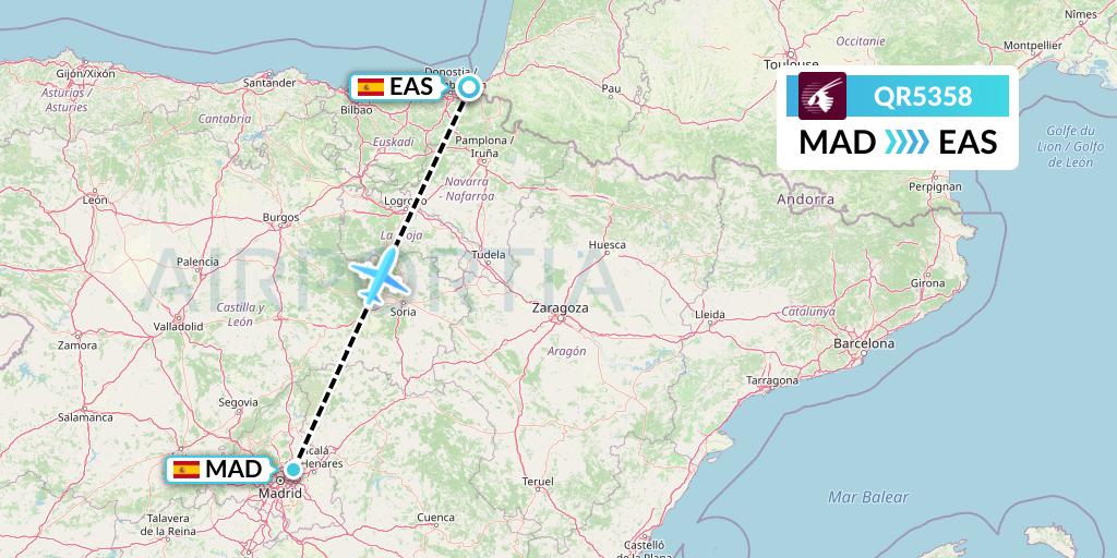 QR5358 Qatar Airways Flight Map: Madrid to San Sebastian