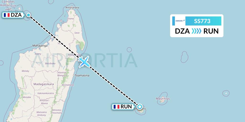 SS773 Corsair Flight Map: Dzaoudzi to Saint-Denis