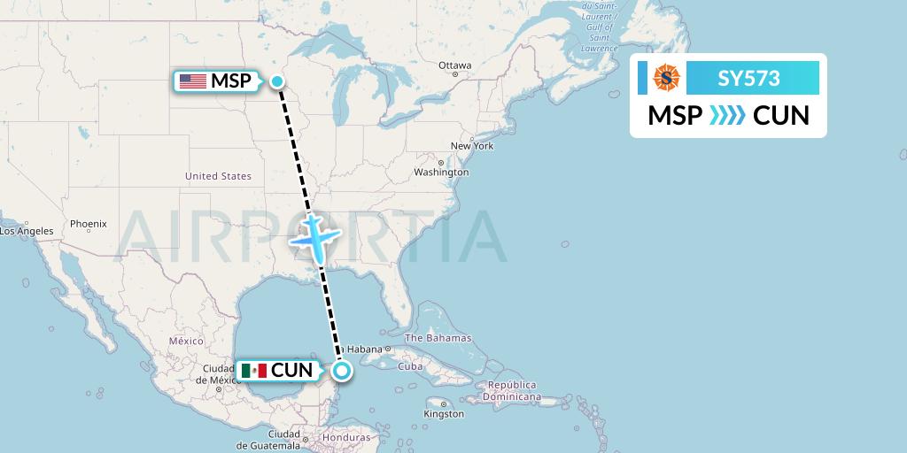 SY573 Sun Country Airlines Flight Map: Minneapolis to Cancun
