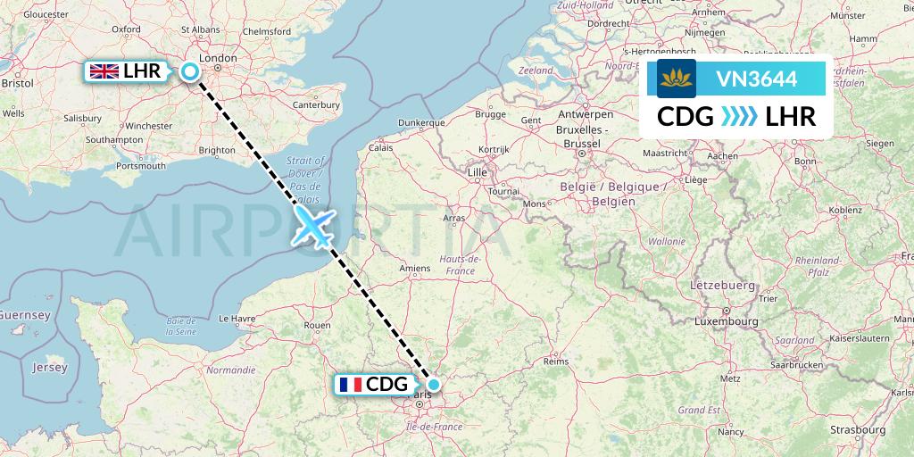 VN3644 Vietnam Airlines Flight Map: Paris to London