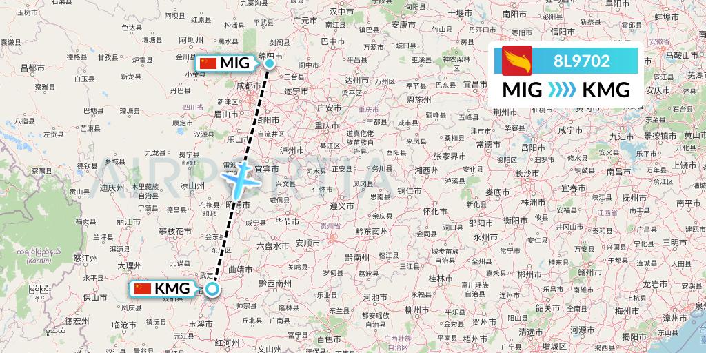 8L9702 Lucky Air Flight Map: Mianyang to Kunming