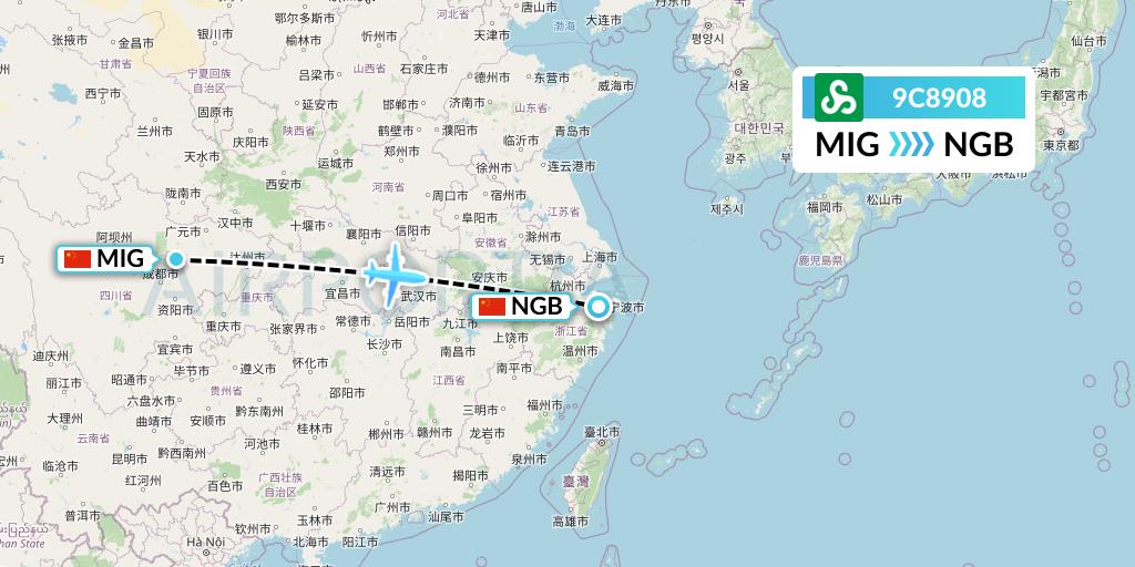 9C8908 Spring Airlines Flight Map: Mianyang to Ningbo