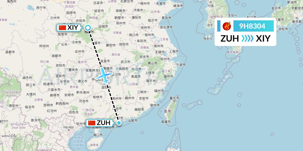 9H8304 Air Changan Flight Map: Zhuhai to Xi'an