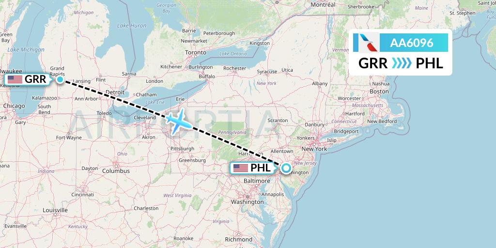AA6096 American Airlines Flight Map: Grand Rapids to Philadelphia