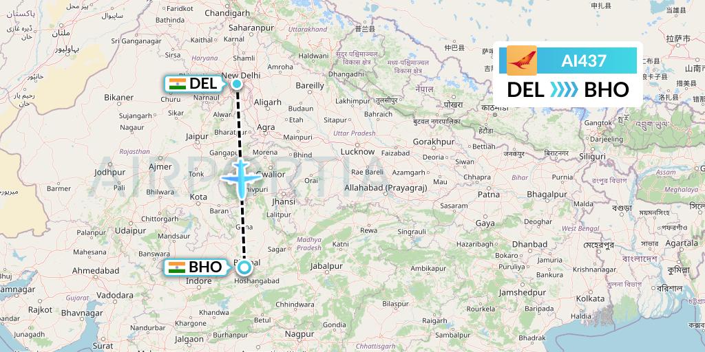 AI437 Air India Flight Map: Delhi to Bhopal