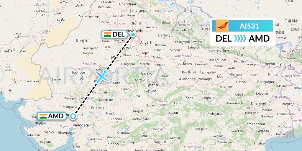 AI531 Air India Flight Map: Delhi to Ahmedabad