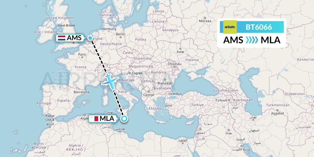 BT6066 Air Baltic Flight Map: Amsterdam to Malta