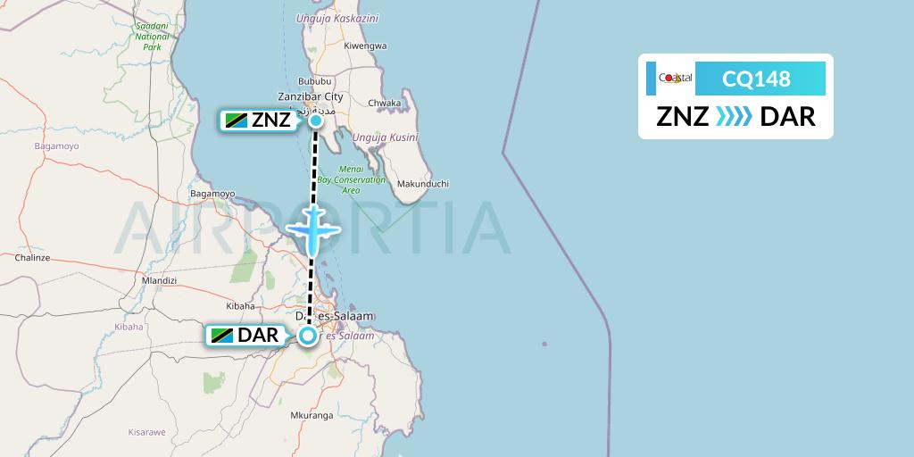 CQ148 Coastal Aviation Flight Map: Zanzibar to Dar-es-Salaam
