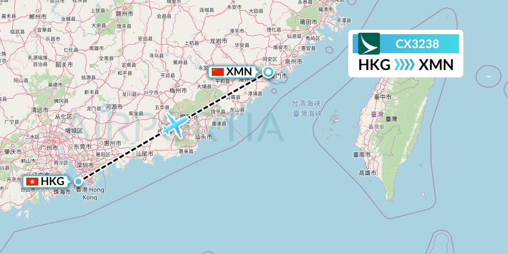 CX3238 Cathay Pacific Flight Map: Hong Kong to Xiamen