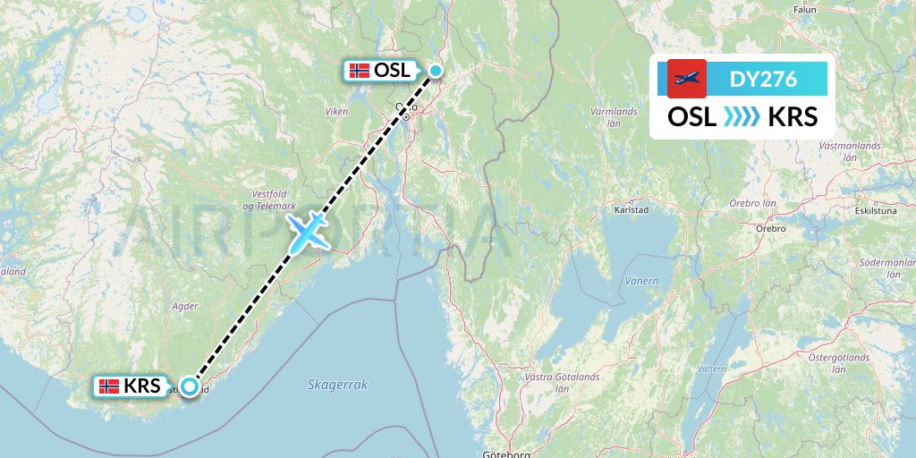 DY276 Norwegian Flight Map: Oslo to Kristiansand