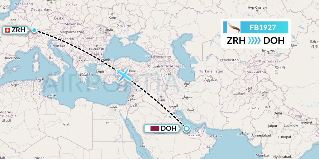 FB1927 Bulgaria Air Flight Map: Zurich to Doha