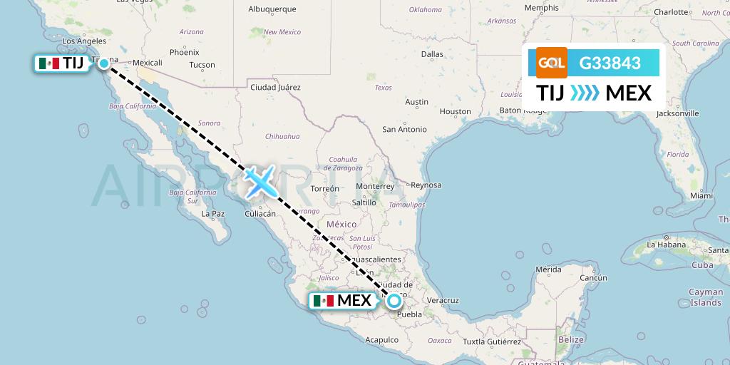 G33843 GOL Transportes Aeros Flight Map: Tijuana to Mexico City