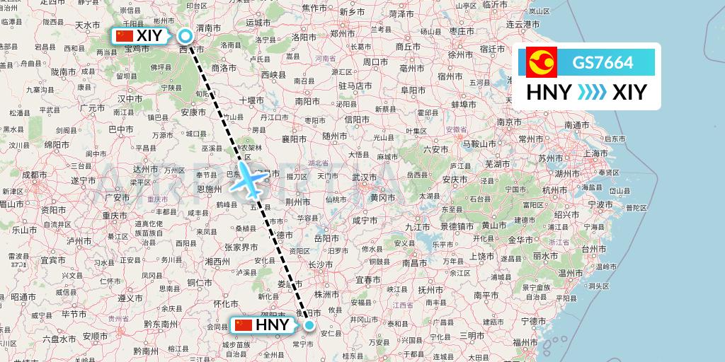 GS7664 Tianjin Airlines Flight Map: Hengyang to Xi'an