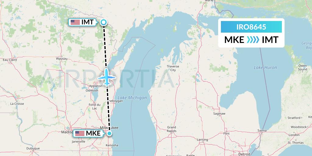 IRO8645 CSA Air Flight Map: Milwaukee to Iron Mountain Kingsford